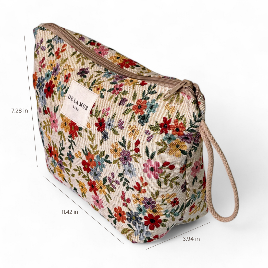 DE LA MUR floral jacquard large makeup bag with dimensions 11.42 x 7.28 x 3.94 in