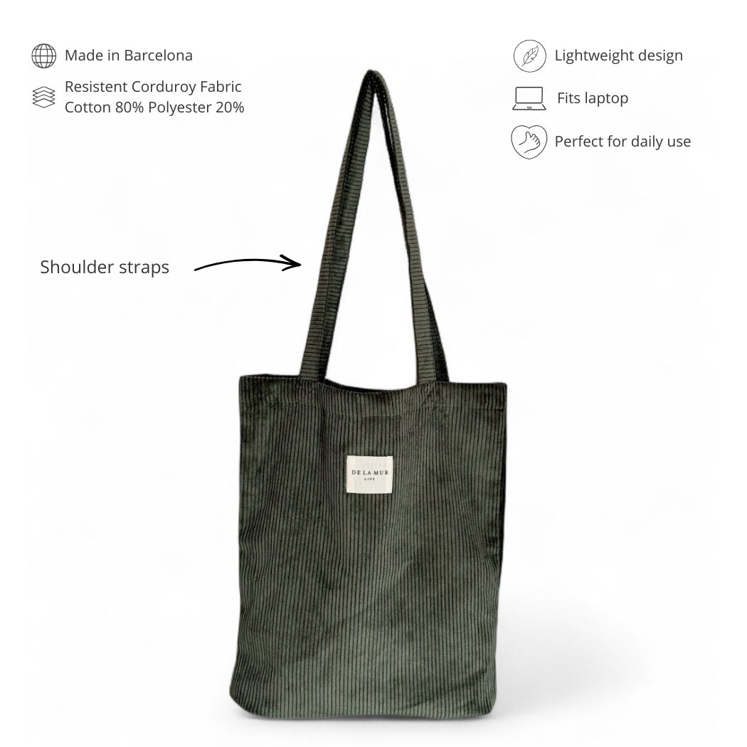 DE LA MUR Tree corduroy tote features infographic with materials and shoulder straps