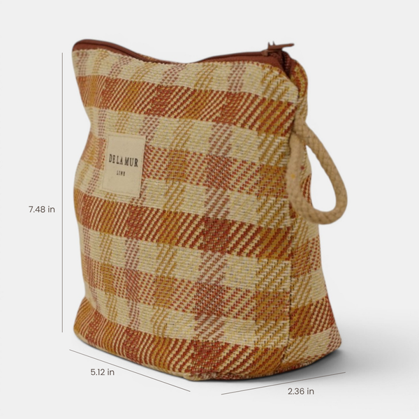 DE LA MUR Gingham Jacquard small makeup bag, side view with 7.48x5.12x2.36 in dimensions