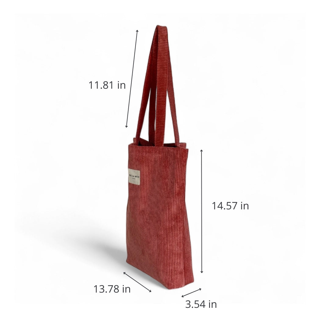 DE LA MUR coral corduroy medium tote bag, side view with dimensions in inches