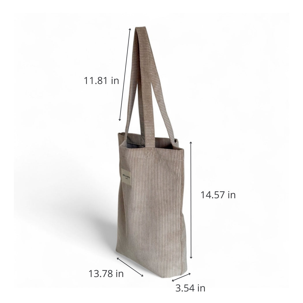 DE LA MUR beige corduroy medium tote bag, side view with dimensions in inches