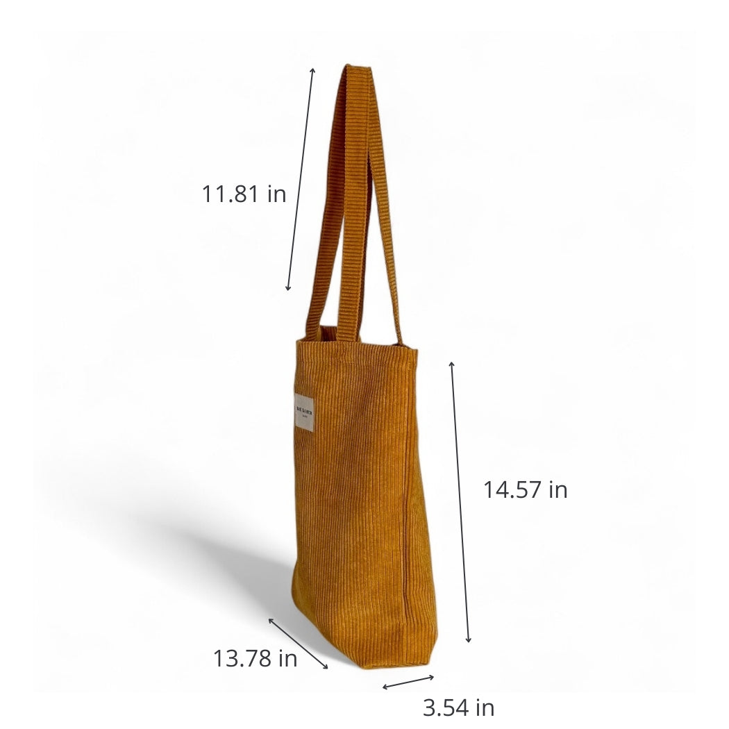 DE LA MUR Taz mustard tote bag dimensions diagram in inches, side view