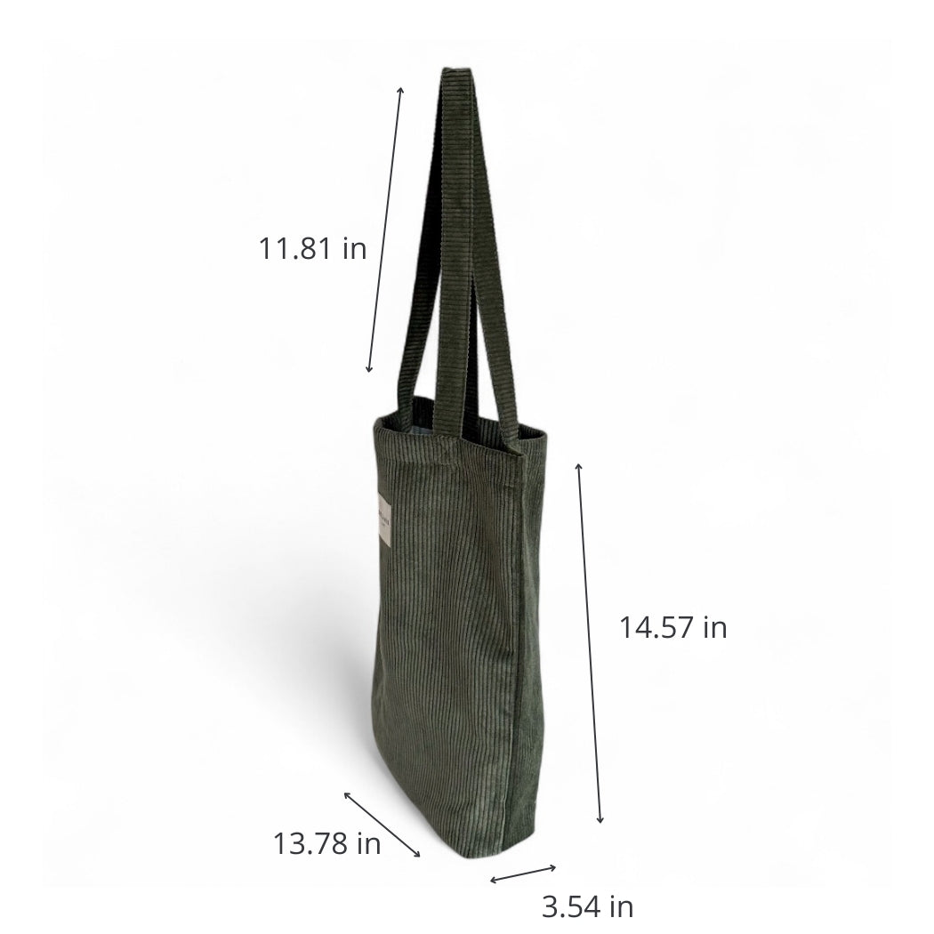 DE LA MUR Tree green tote bag dimensions diagram in inches, side view