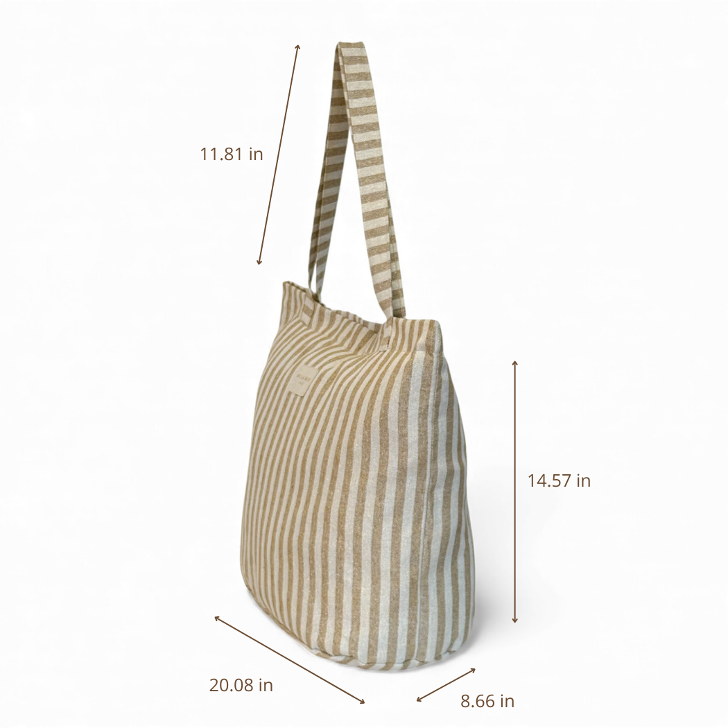 DE LA MUR mustard striped tote bag dimensions diagram in inches
