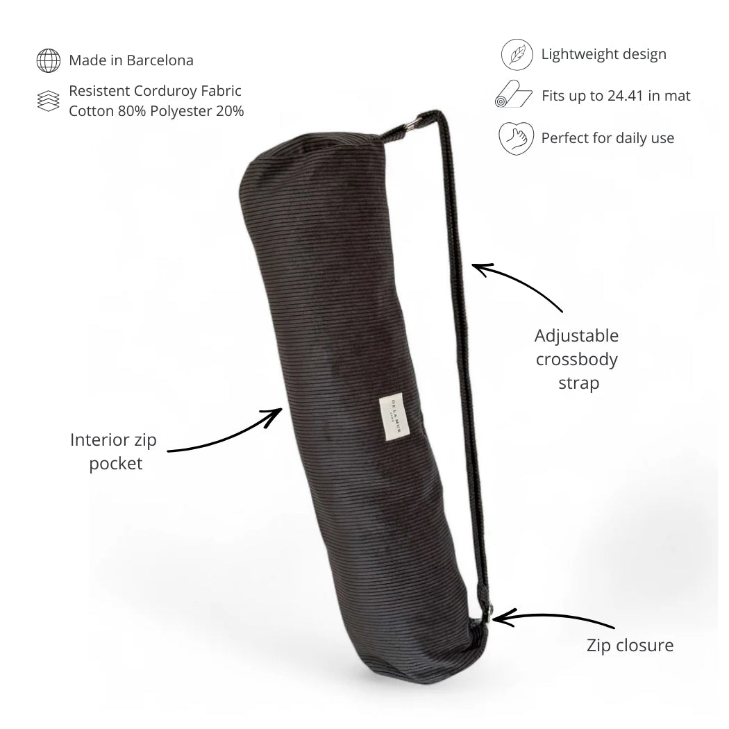 DE LA MUR Boni gray yoga mat bag features infographic with strap and zip details