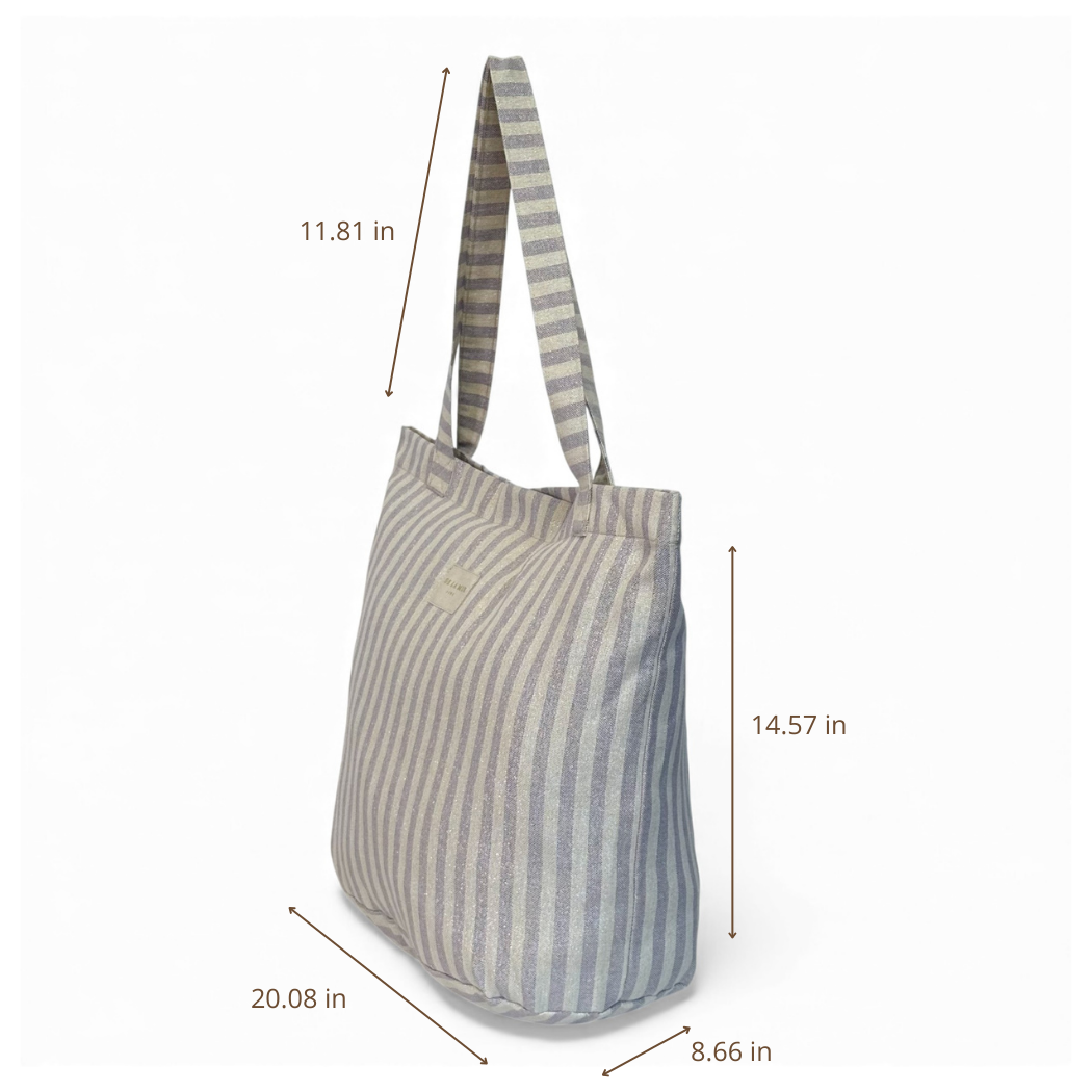 DE LA MUR gray striped tote bag dimensions diagram in inches