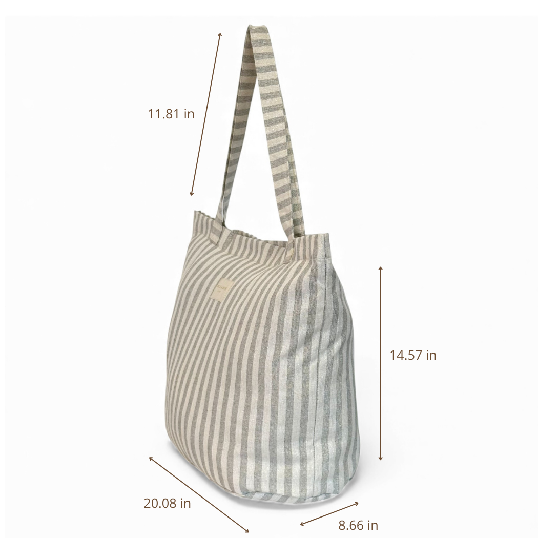 DE LA MUR lilac striped tote bag dimensions diagram in inches