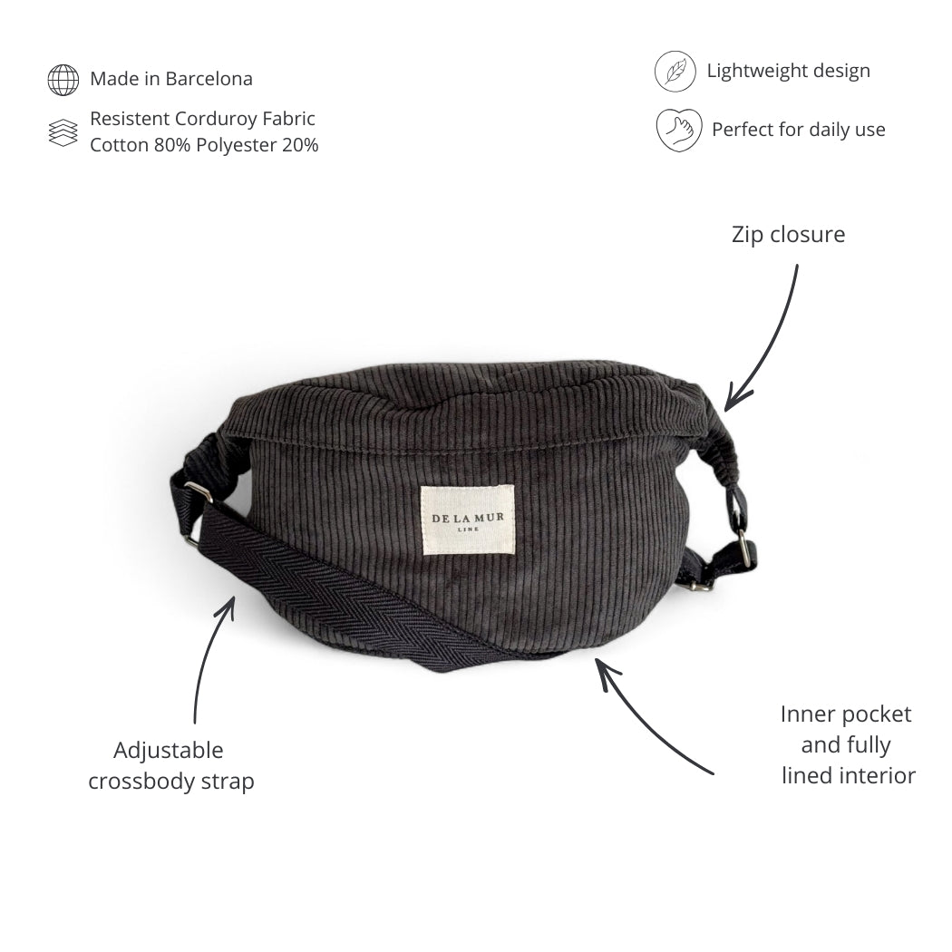 Features infographic of the DE LA MUR Boni corduroy fanny pack with zip and crossbody strap