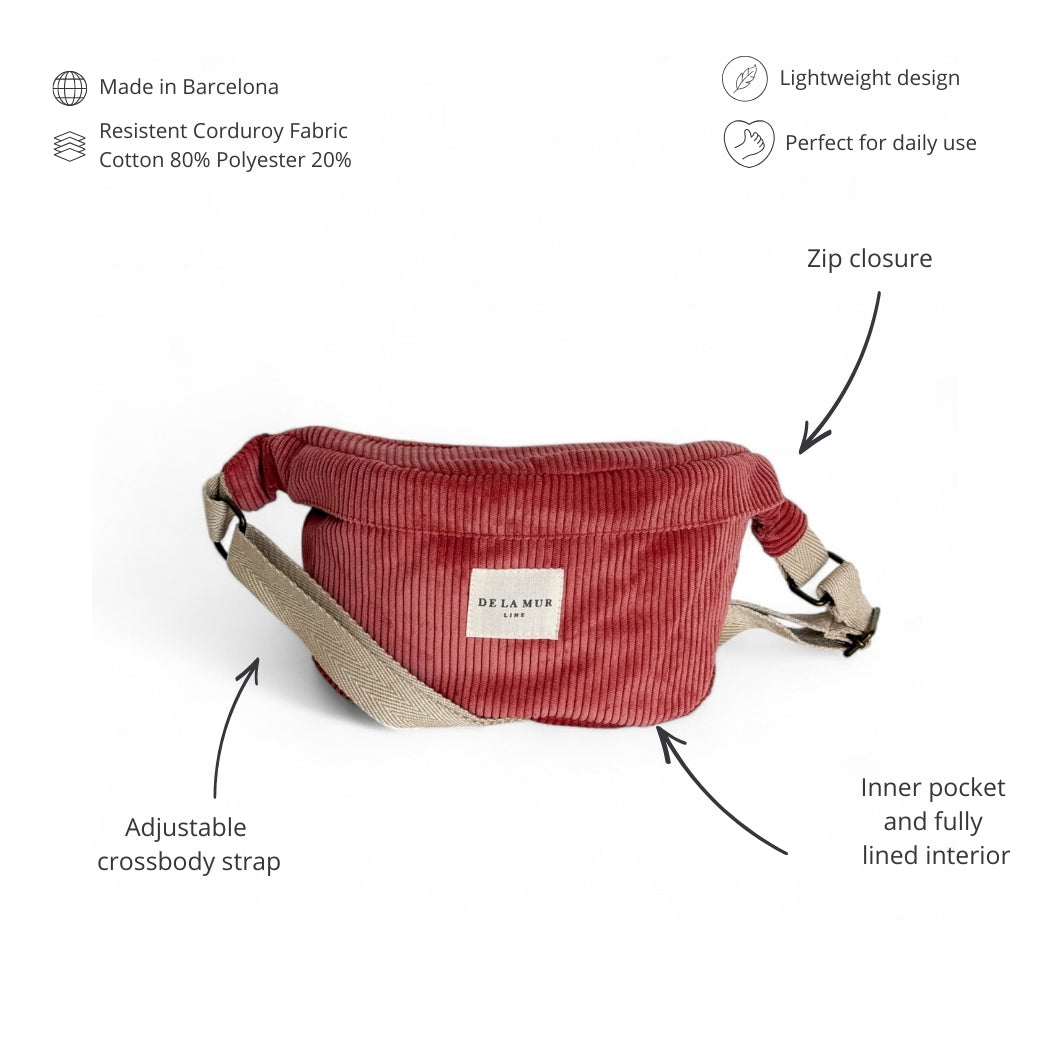 Features infographic of the DE LA MUR Coral corduroy fanny pack with zip and crossbody strap