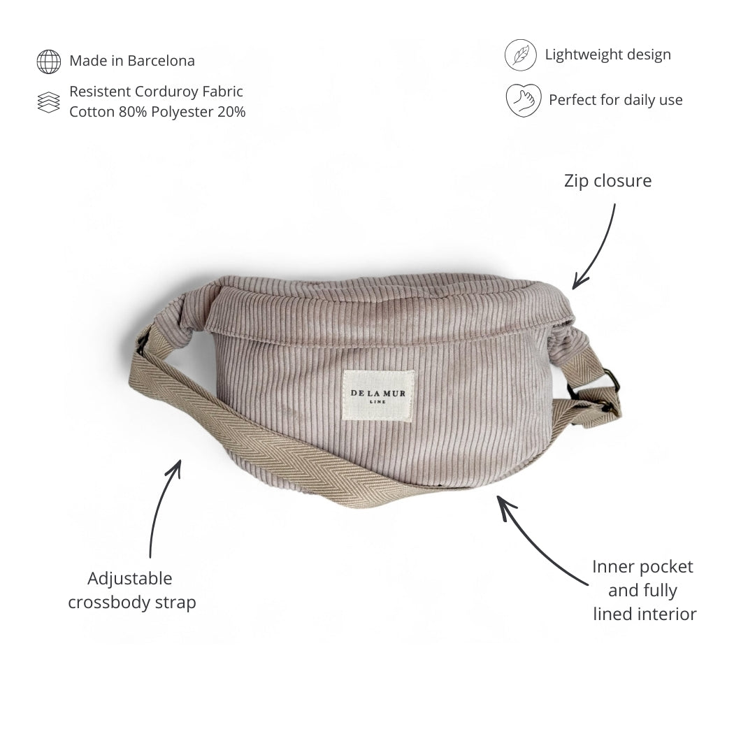 DE LA MUR Tofe corduroy fanny pack features infographic: zip closure and lined interior