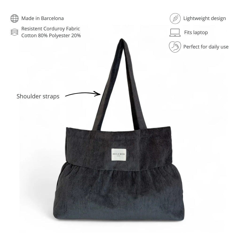 DE LA MUR Boni gray corduroy bag features infographic with shoulder straps