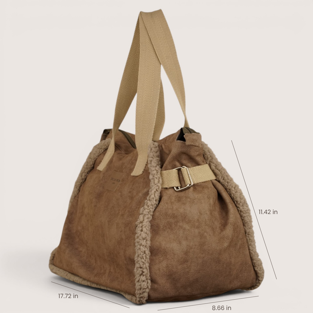 Side view of the taupe DE LA MUR Noce large shoulder bag with dimensions 17.72x11.42x8.66 in
