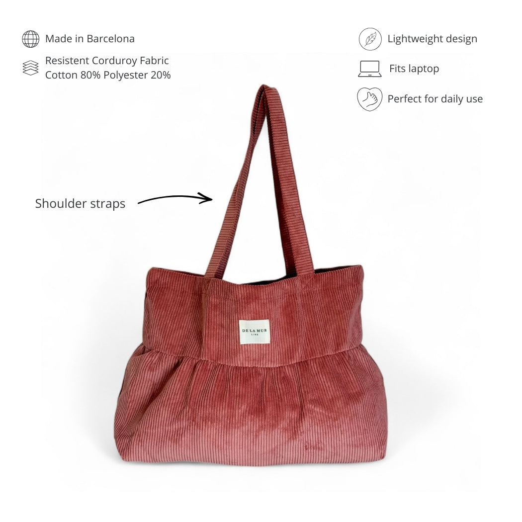 DE LA MUR Coral corduroy tote bag features infographic with shoulder straps