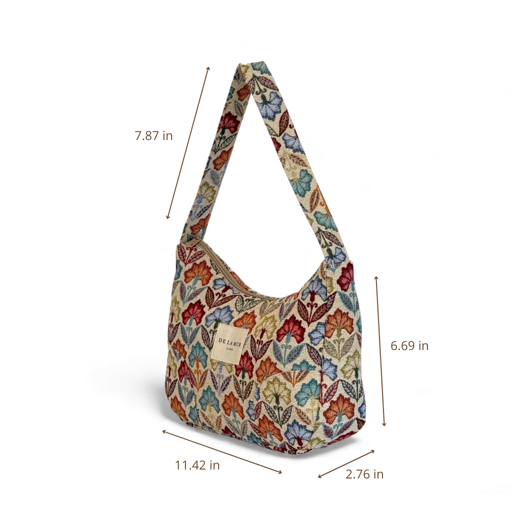 DE LA MUR Flora shoulder bag dimensions diagram in inches