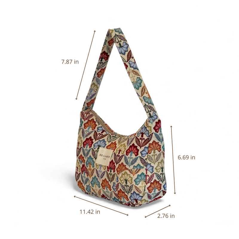 DE LA MUR Flora shoulder bag dimensions diagram in inches