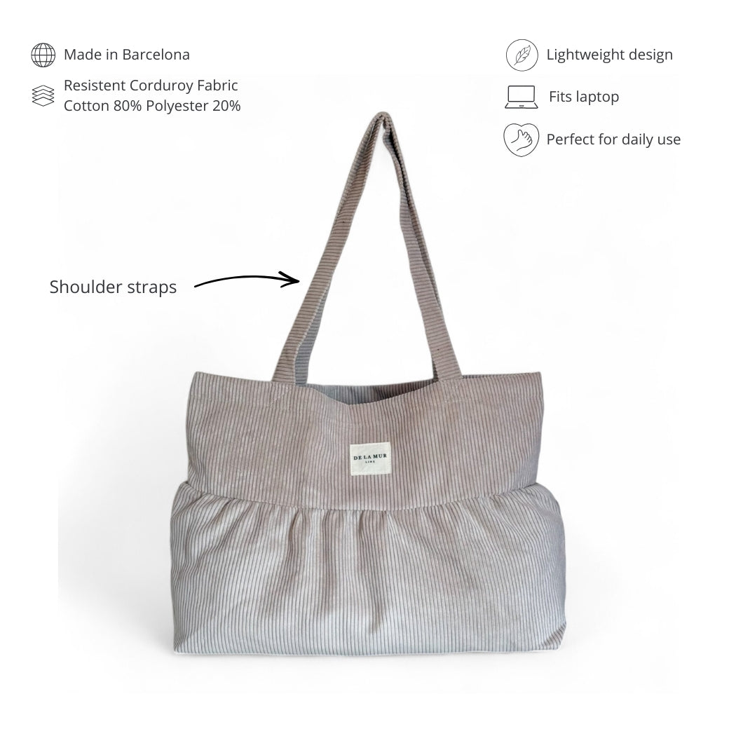 DE LA MUR corduroy tote features: made in Barcelona, fits laptop, shoulder straps