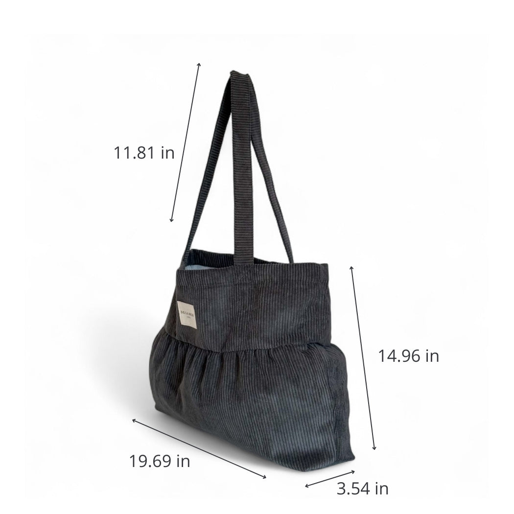 DE LA MUR Boni gray corduroy ruffle bag dimensions diagram in inches