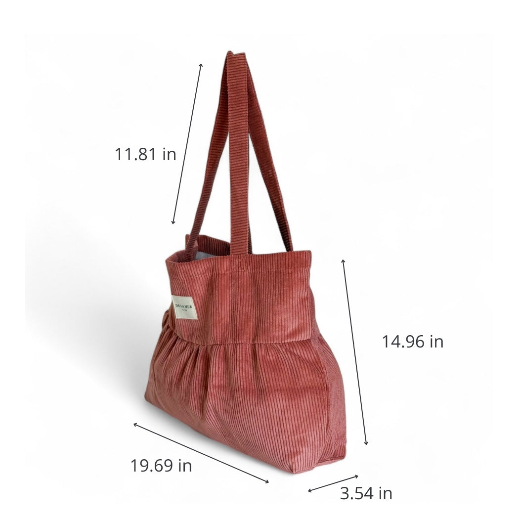DE LA MUR Coral corduroy ruffle tote bag dimensions diagram in inches