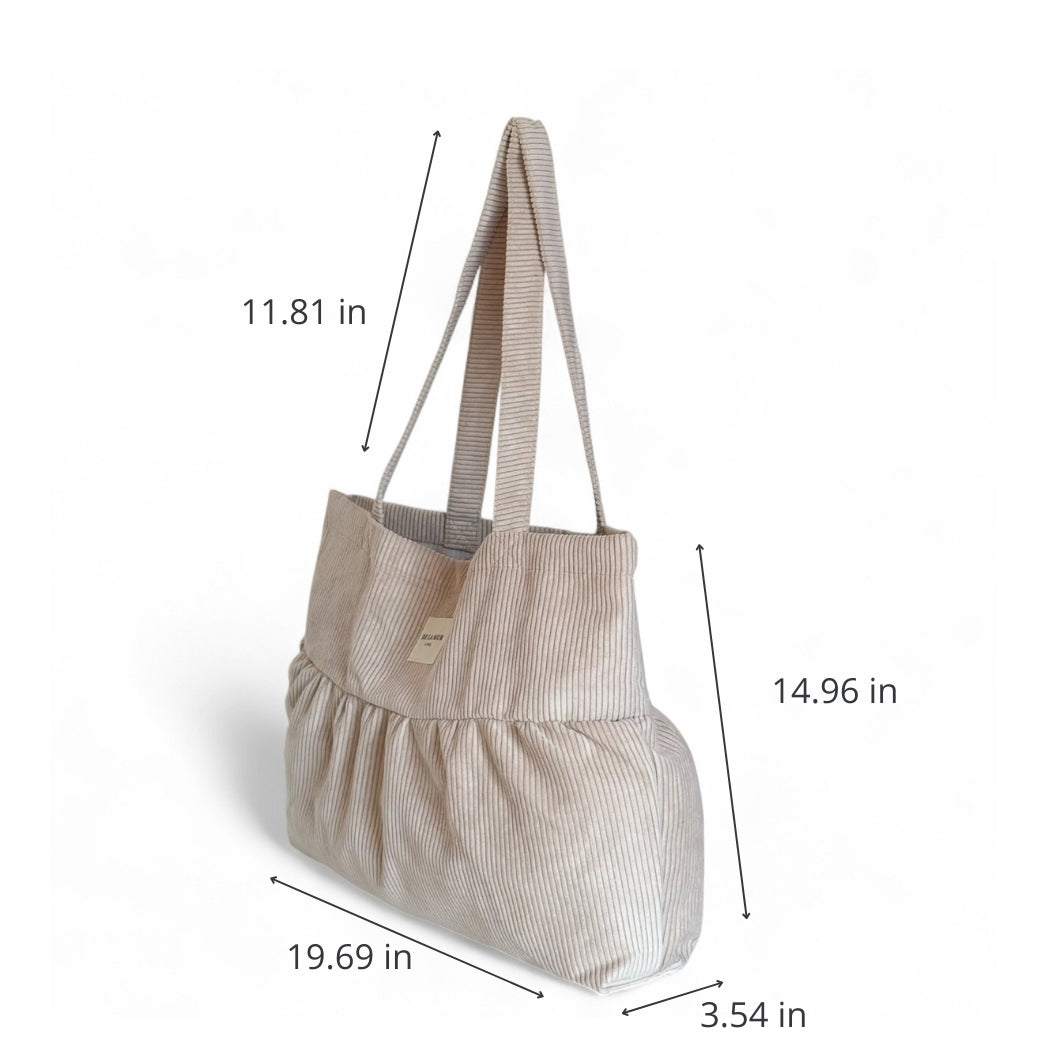 DE LA MUR corduroy ruffle tote bag dimensions diagram in inches, side view