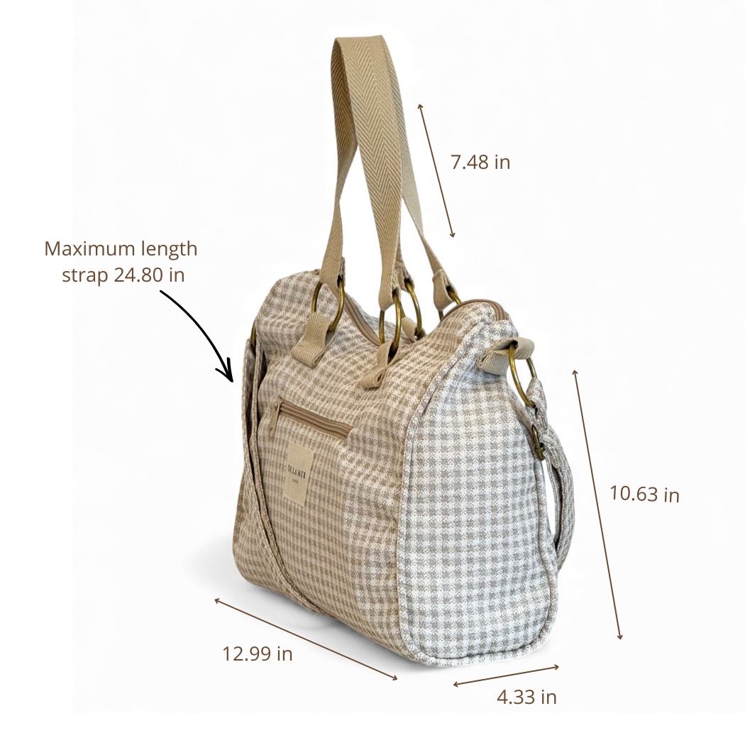 DE LA MUR Vison gingham city handbag dimensions diagram in inches