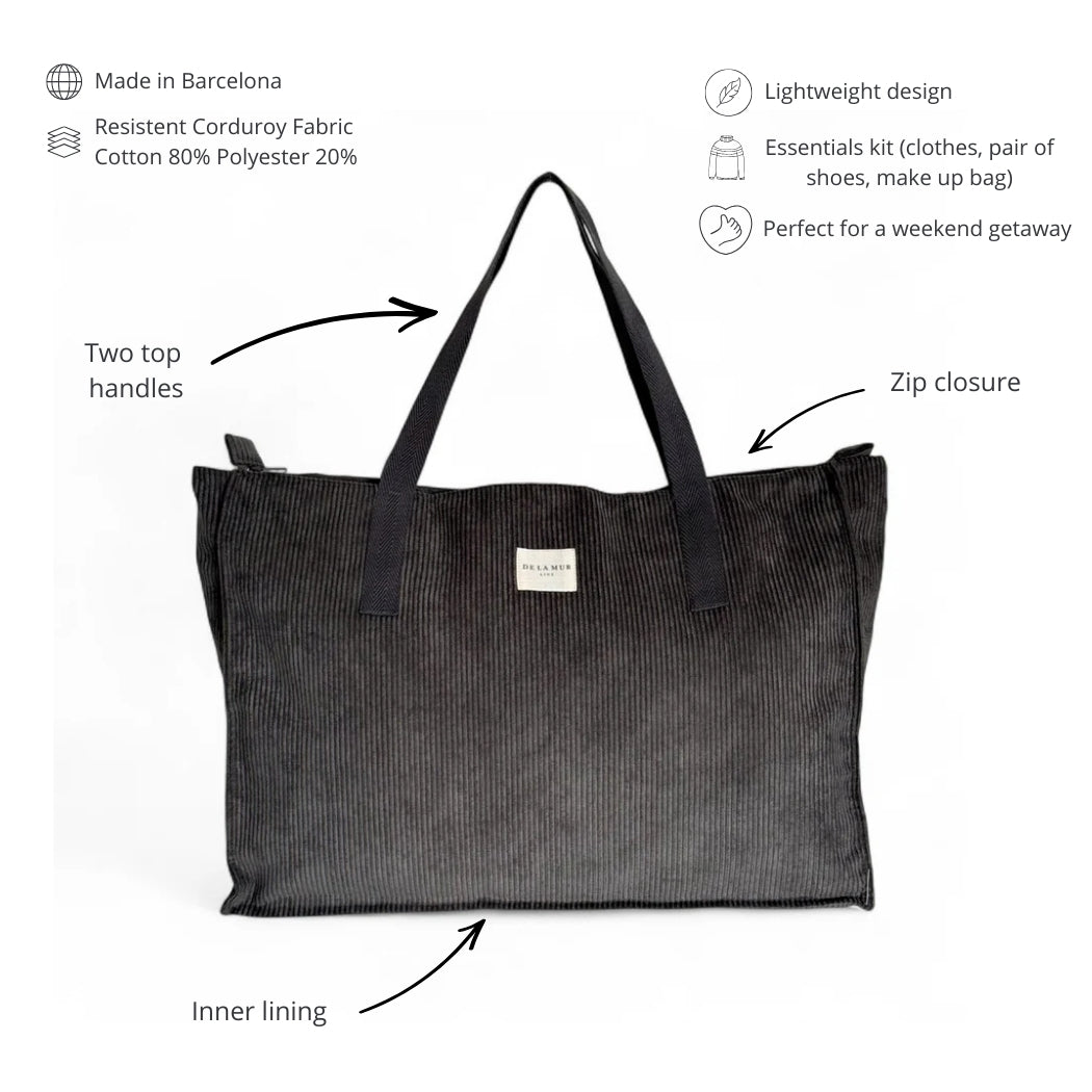 Features infographic of the DE LA MUR Boni corduroy weekender bag with handles and zip