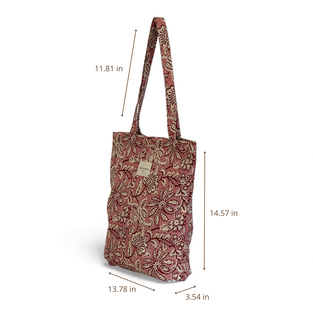 DE LA MUR pink floral zippered bag dimensions diagram in inches