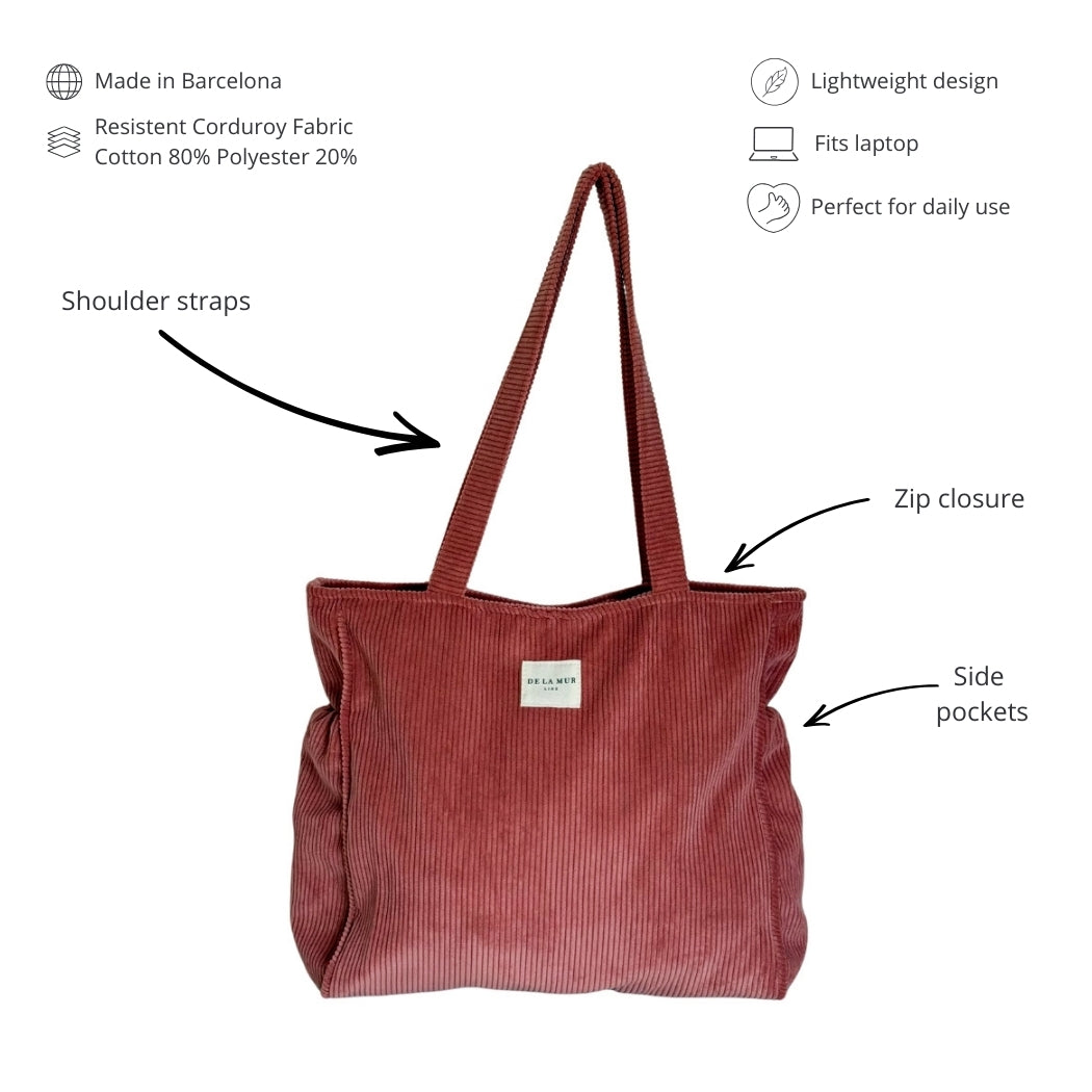 DE LA MUR coral corduroy tote bag features: straps, zip closure and side pockets