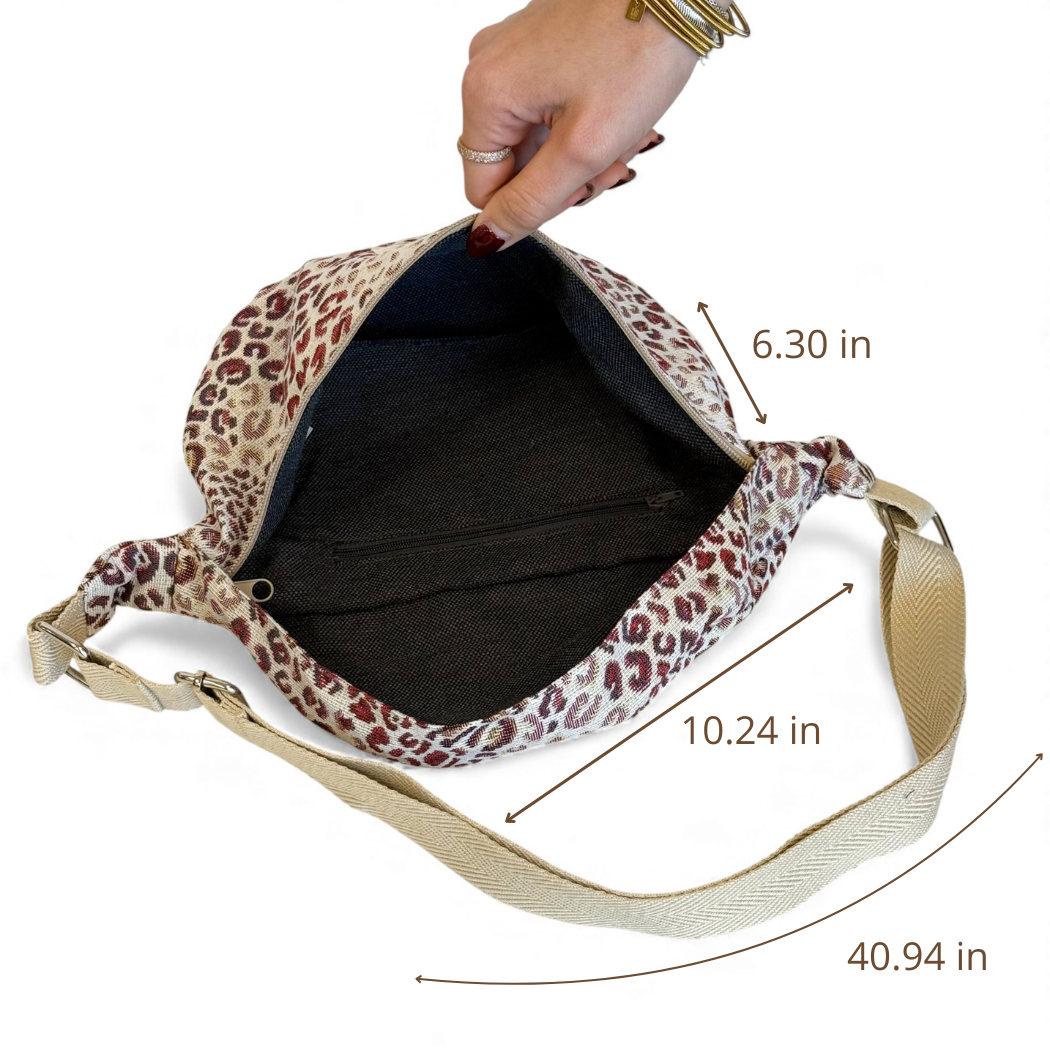 DE LA MUR leopard fanny pack dimensions diagram in inches showing lined interior