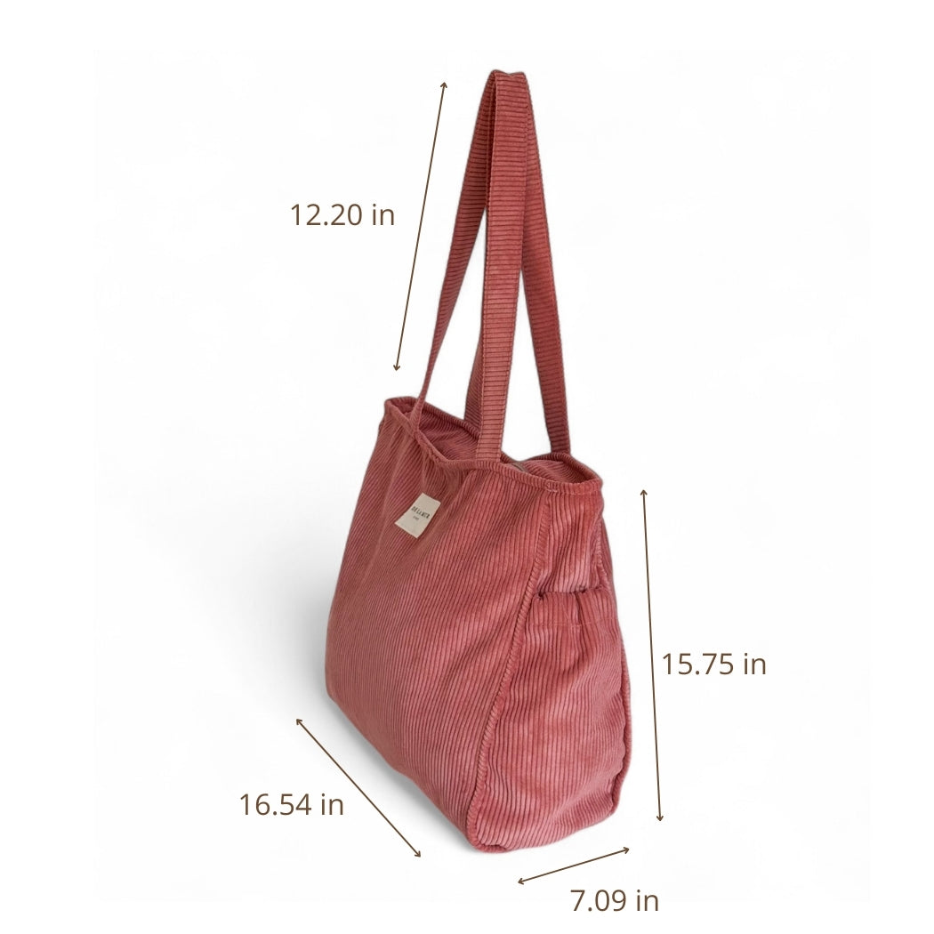 DE LA MUR coral corduroy tote bag dimensions diagram in inches, side view