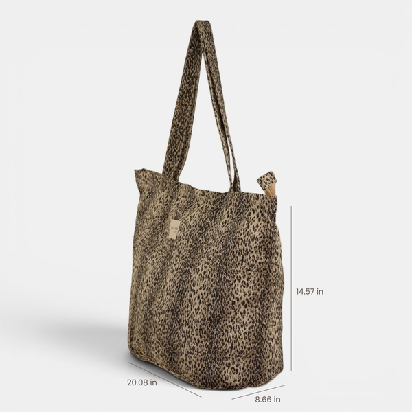 DE LA MUR Leo leopard jacquard bag, side view with dimensions 20.08 x 14.57 x 8.66 in