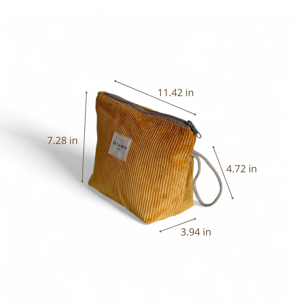 DE LA MUR Taz mustard corduroy pouch, side view with measurements