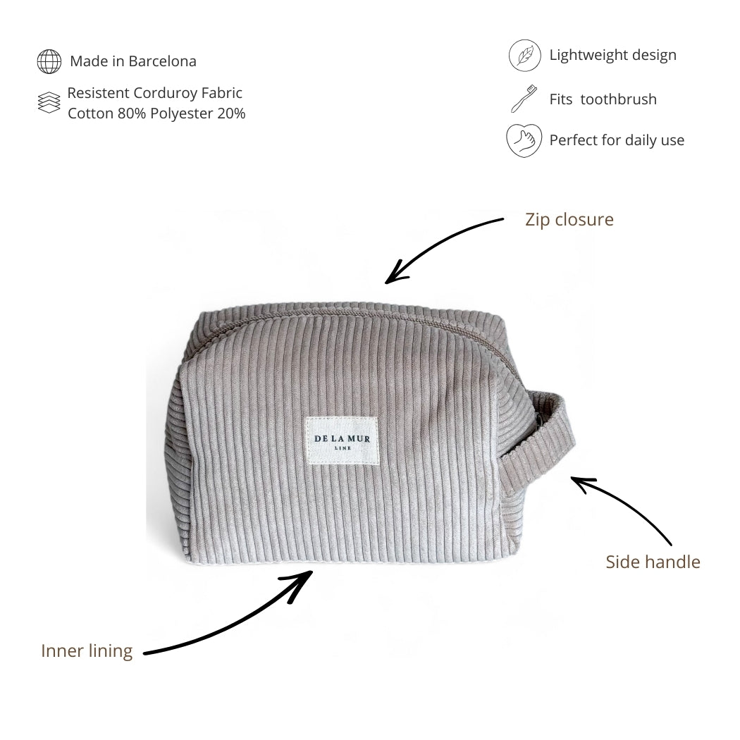 DE LA MUR corduroy squared makeup bag, three-quarter view with features labeled