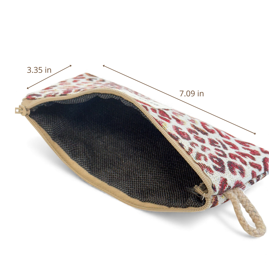 Open DE LA MUR Talco leopard print eyewear case with dimensions diagram in inches