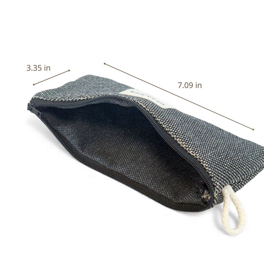 Open DE LA MUR Sinay dark gray eyewear case with dimensions diagram in inches