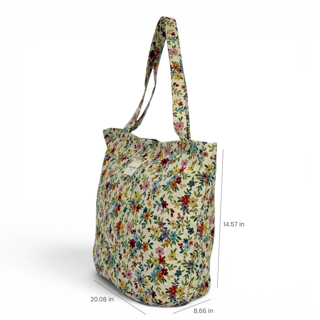 DE LA MUR floral Blum tote bag dimensions diagram in inches
