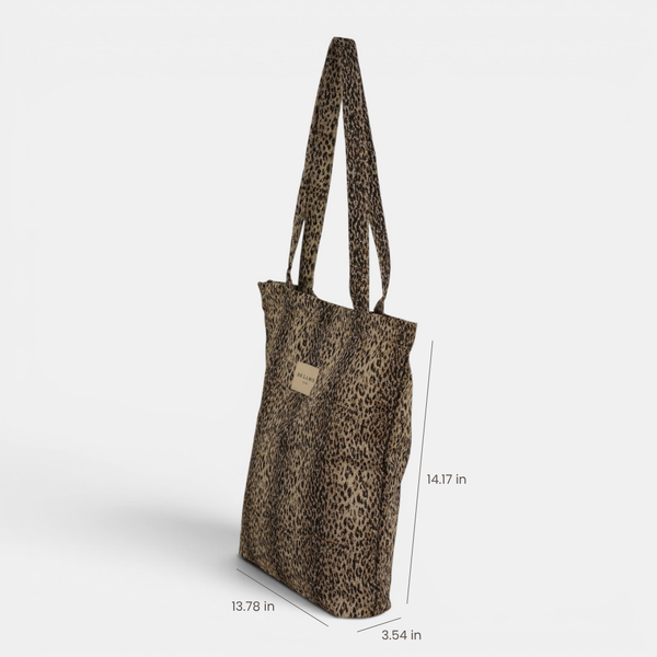 DE LA MUR Leo leopard jacquard bag, side view with 14.17x13.78x3.54 in dimensions diagram