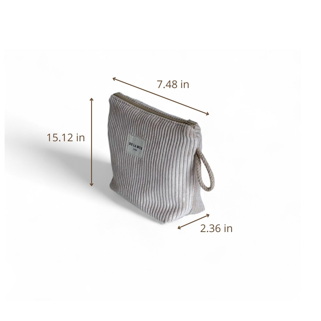DE LA MUR Tofe beige corduroy makeup bag with dimensions 7.48 x 15.12 x 2.36 in