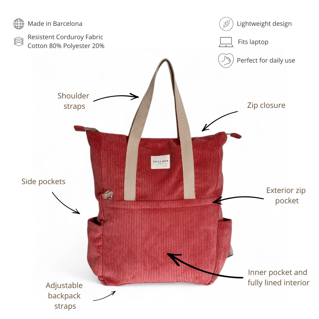 DE LA MUR coral corduroy backpack features infographic with labeled pockets and straps