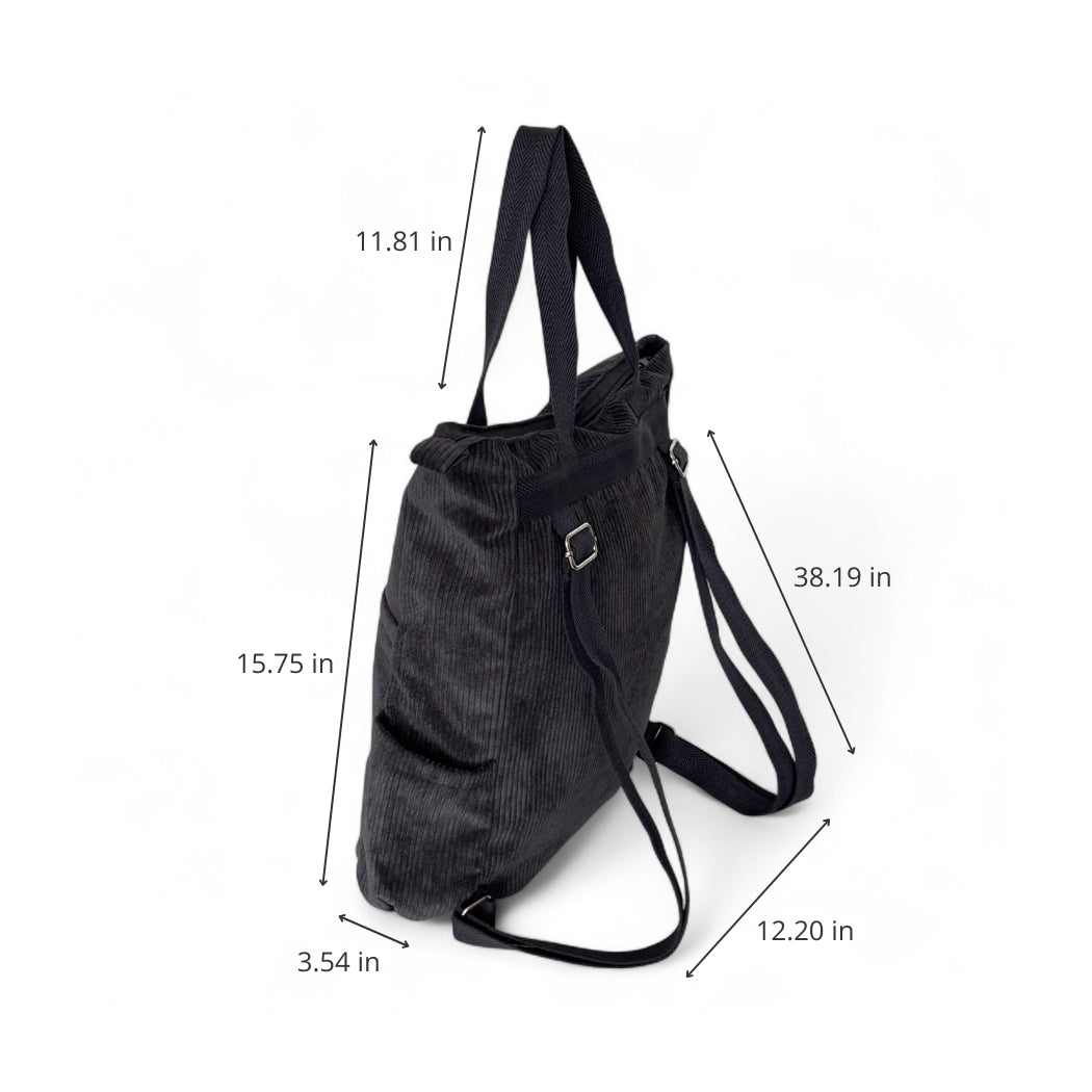 DE LA MUR gray corduroy backpack dimensions diagram with measurements in inches