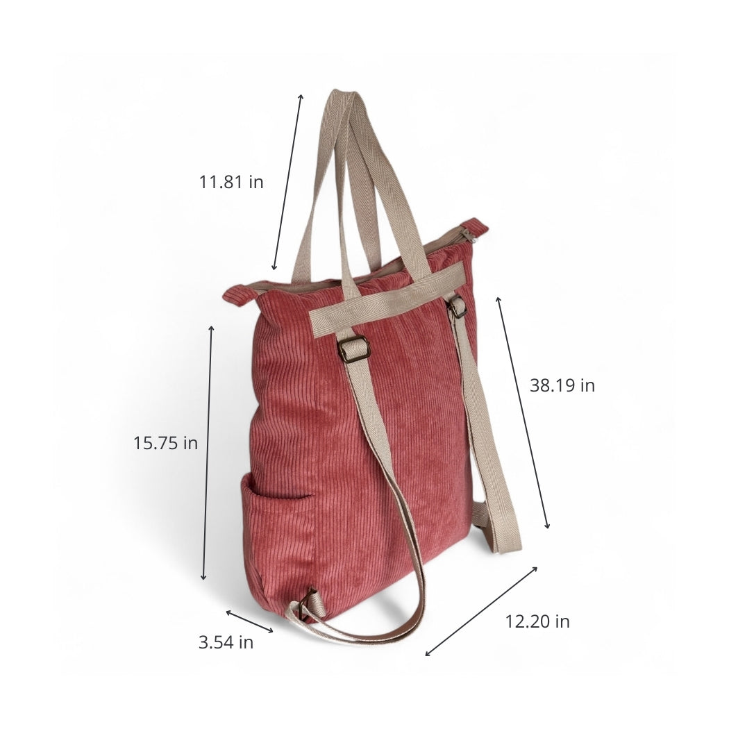 DE LA MUR coral corduroy backpack dimensions diagram with measurements in inches
