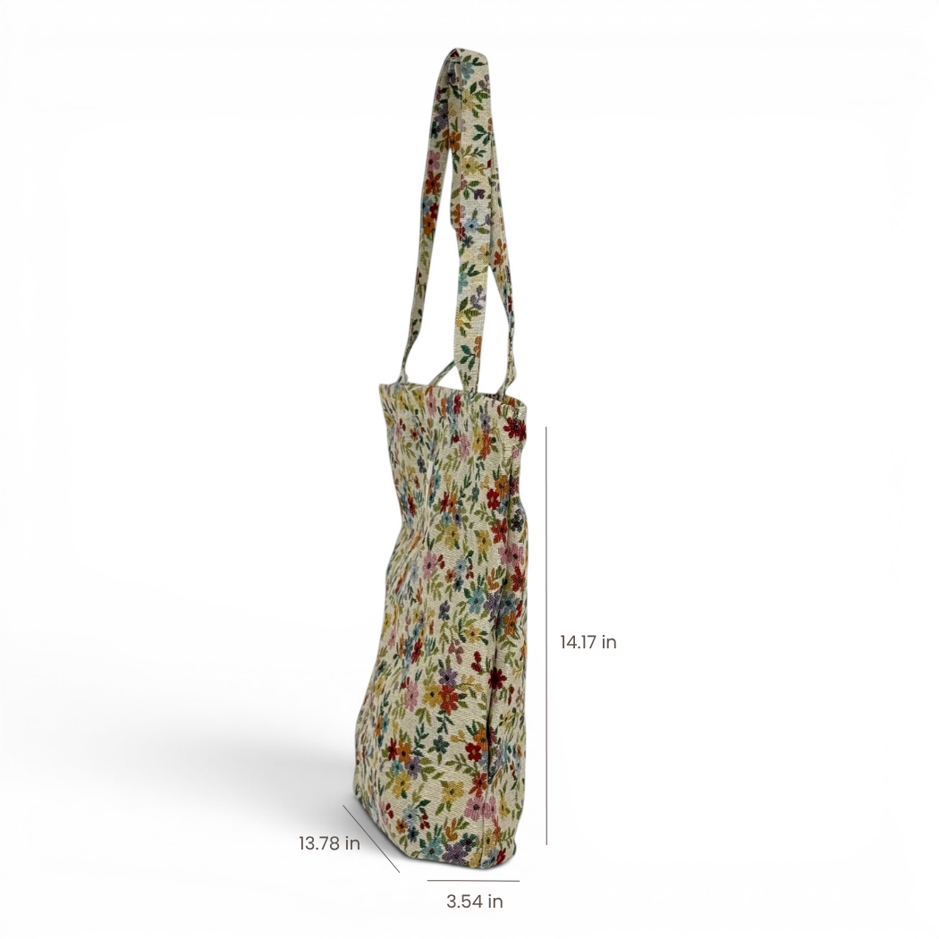 DE LA MUR Blum floral jacquard bag dimensions diagram in in, side view
