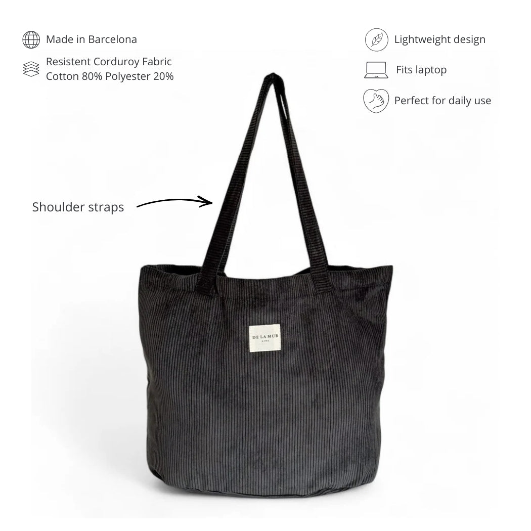 DE LA MUR Boni corduroy tote features infographic with fabric and use details