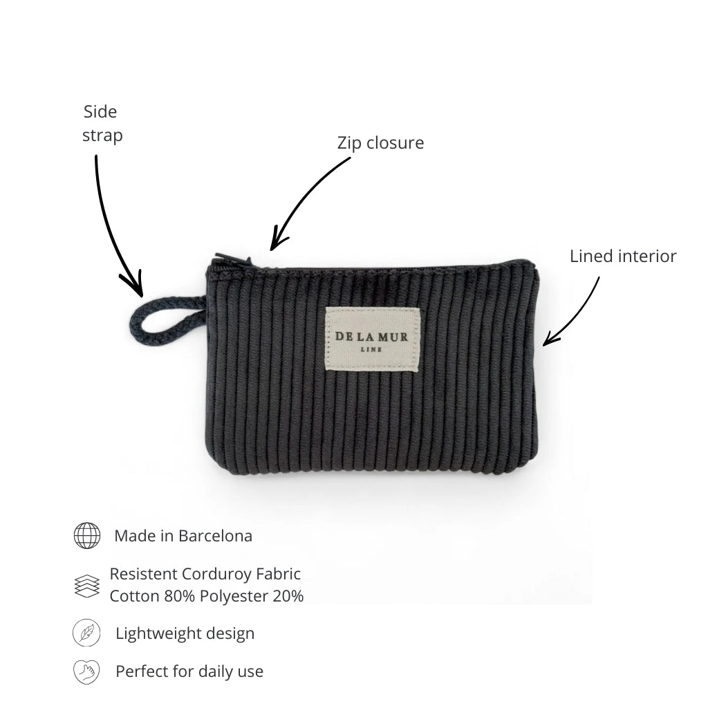 DE LA MUR gray corduroy coin purse features infographic with labeled details