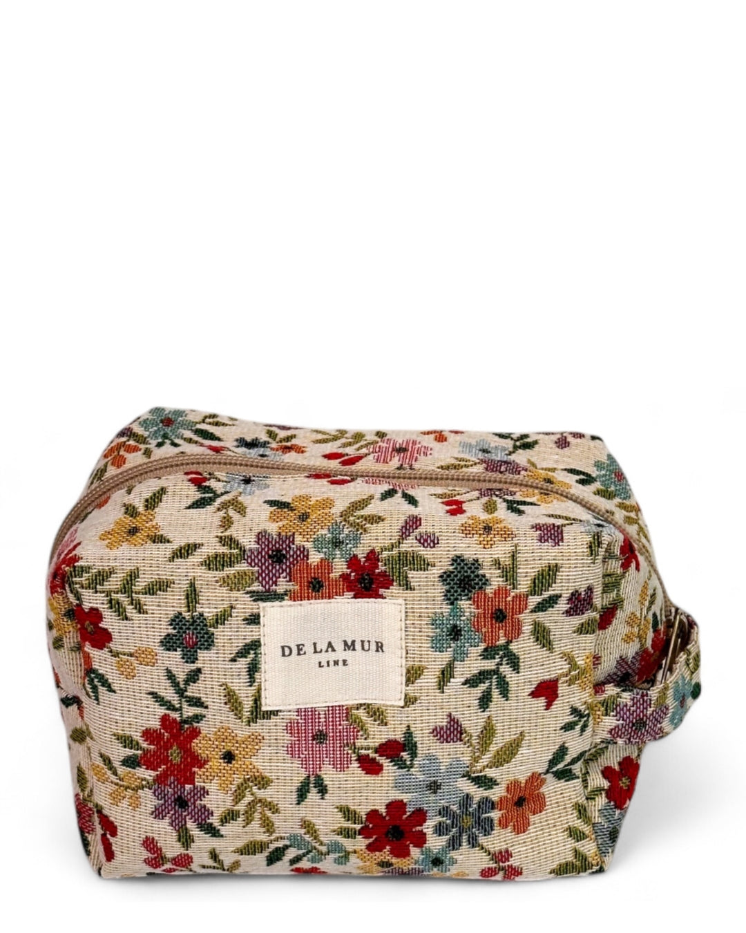 DE LA MUR floral jacquard squared makeup bag in beige, front view with Line label