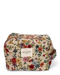 DE LA MUR floral jacquard squared makeup bag in beige, front view with Line label