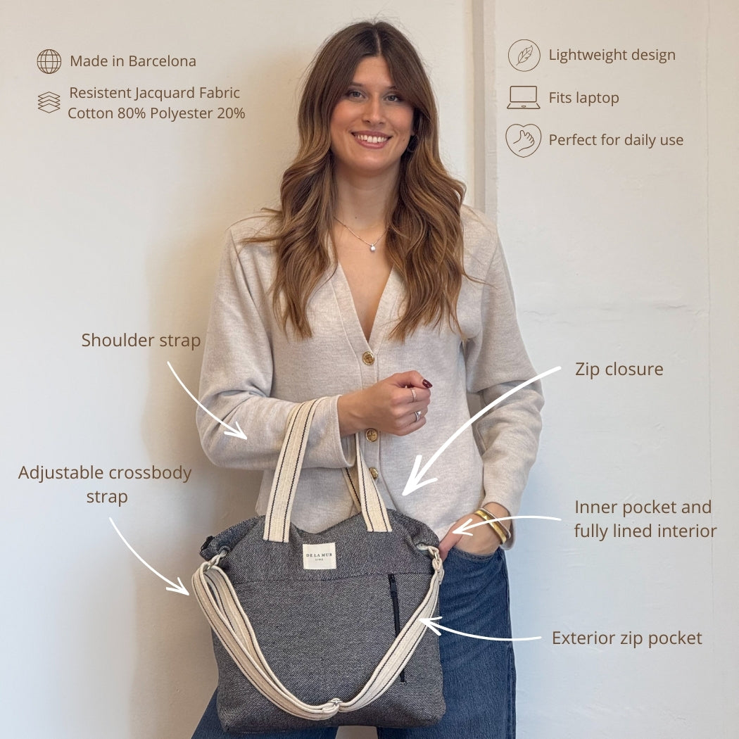 Model showing DE LA MUR Sinay handbag features: straps, zip closure and pockets