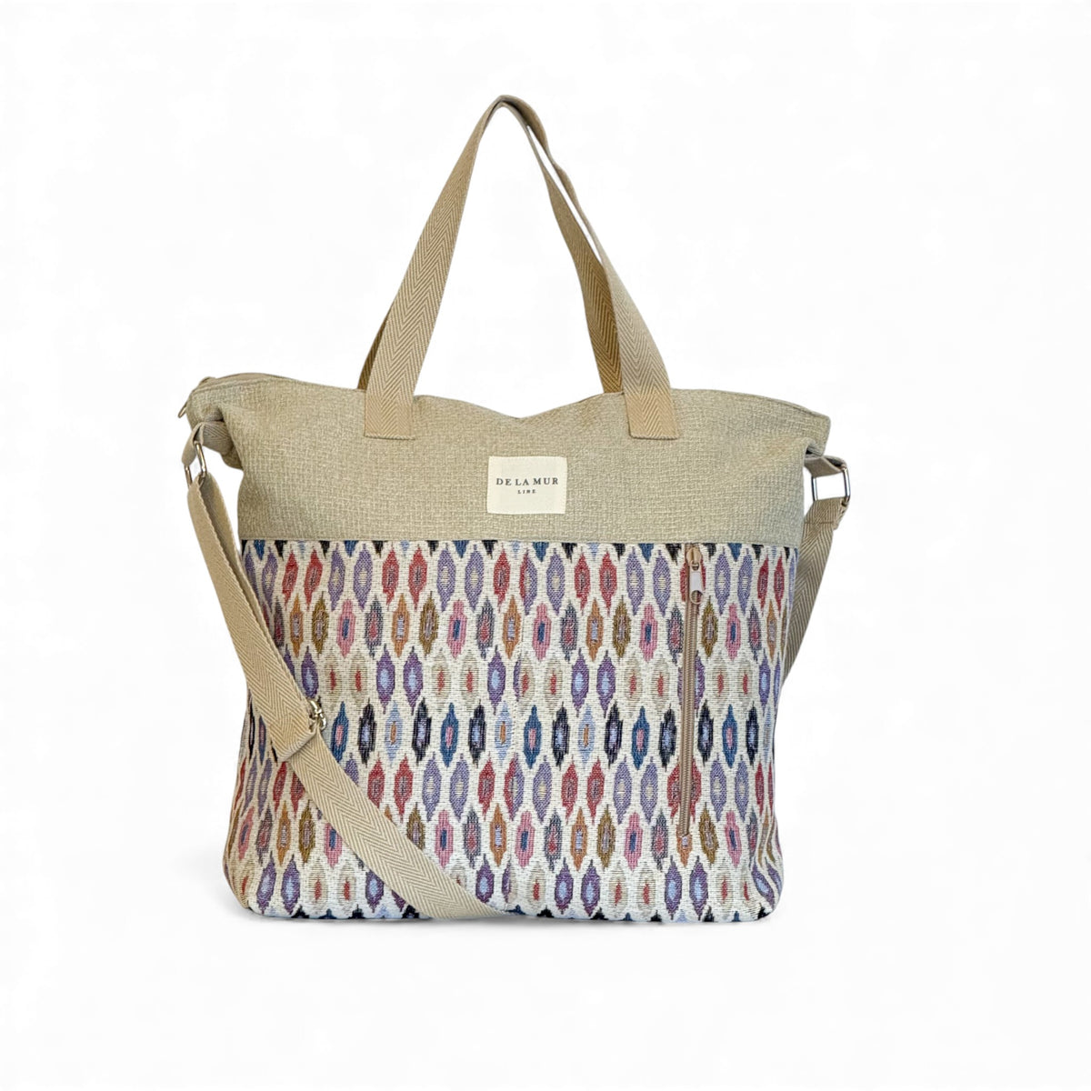 DE LA MUR Urban geometric jacquard handbag in beige and pink, front view