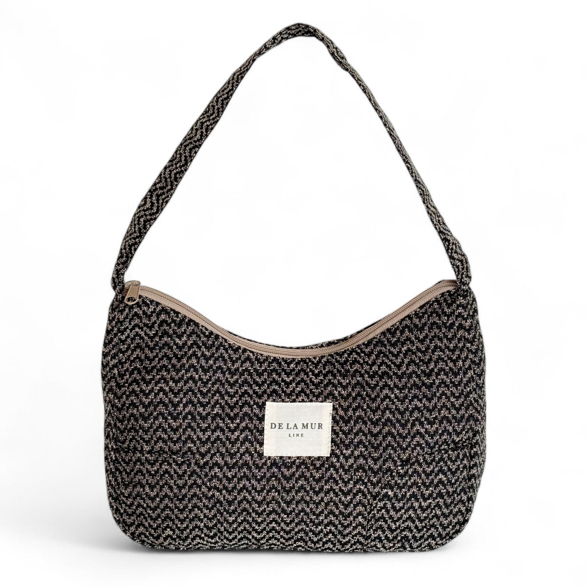 DE LA MUR Dana zigzag jacquard shoulder bag in black and beige, front view
