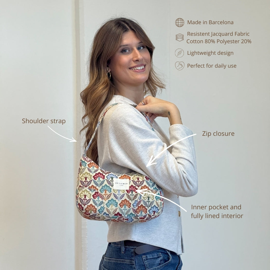 Model wearing the DE LA MUR Flora shoulder bag, with feature callouts