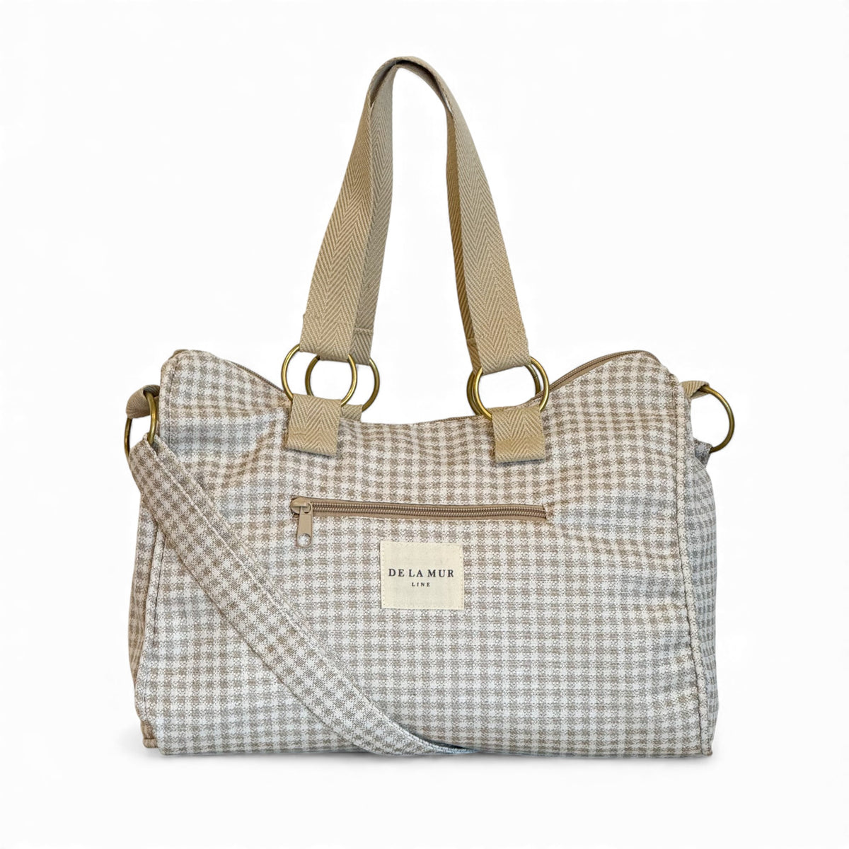 DE LA MUR Vison gingham city handbag in off-white, front view